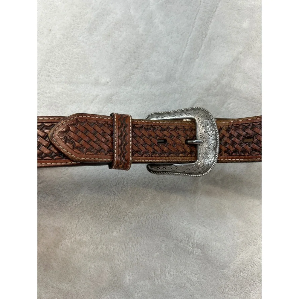 Leather Belt Unisex 34 Brown Handtooled Western Turquoise Concho Silver Buckle